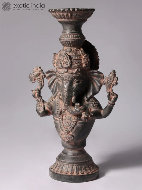 13" Chaturbhuja Lord Ganesha with Candle Stand in Brass