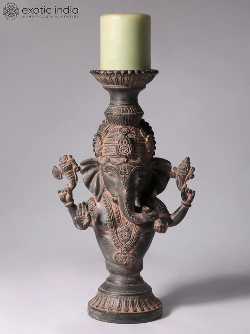 13" Chaturbhuja Ganesha Brass Idol with Candle Stand