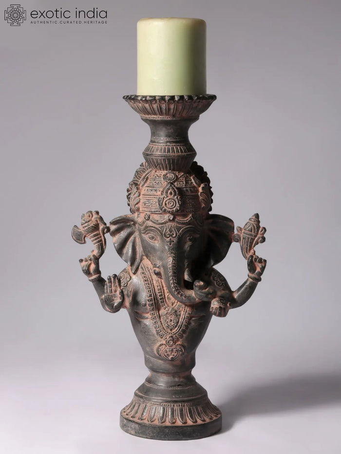 13" Chaturbhuja Ganesha Brass Idol with Candle Stand
