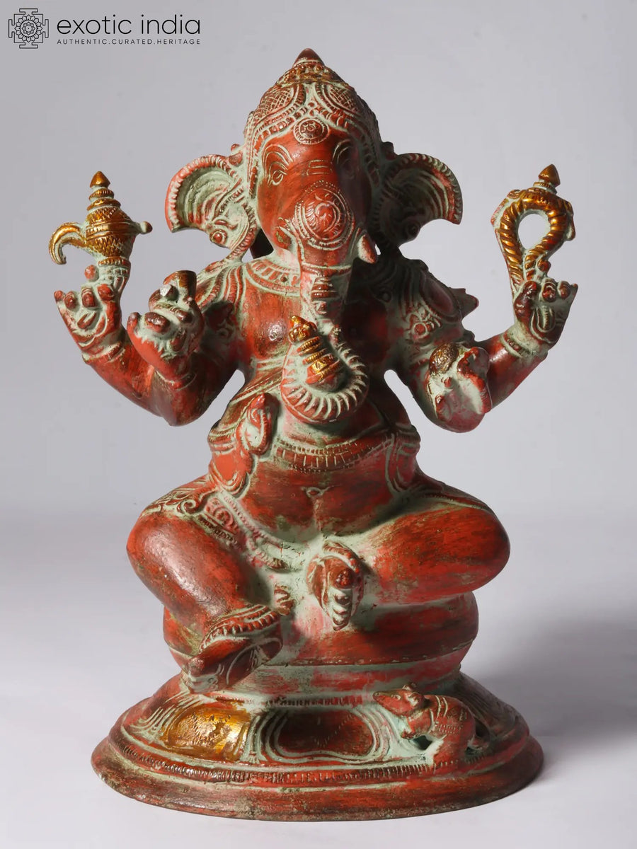 9" Red Sitting Ganesha Brass Idol for Pooja