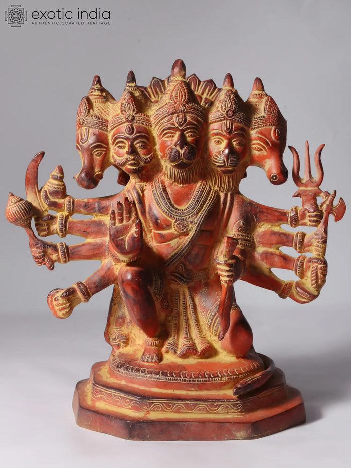 11" Panchmukhi Hanuman Ten Armed Brass Sculpture Sitting Sinduri Color