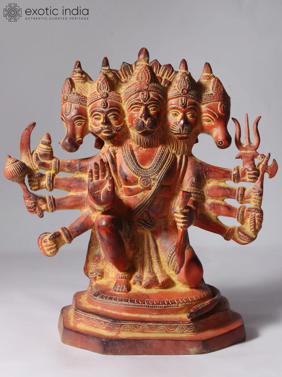 11" Panchmukhi Hanuman Ten Armed Brass Sculpture Sitting Sinduri Color