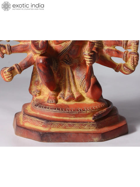 11" Sinduri Color Sitting Ten Armed Panchmukhi Lord Hanuman Brass Sculpture