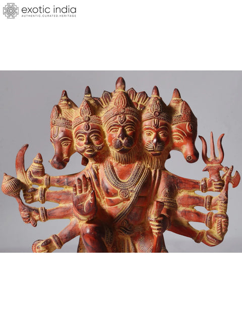 11" Sinduri Color Sitting Ten Armed Panchmukhi Lord Hanuman Brass Sculpture