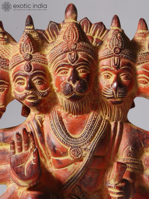 11" Sinduri Color Sitting Ten Armed Panchmukhi Lord Hanuman Brass Sculpture