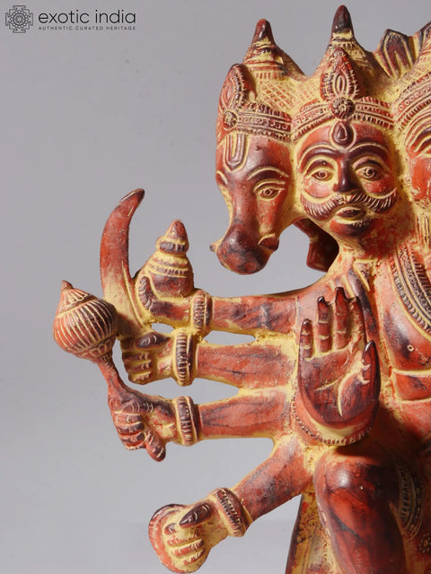 11" Sinduri Color Sitting Ten Armed Panchmukhi Lord Hanuman Brass Sculpture