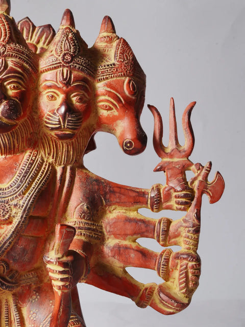 11" Sinduri Color Sitting Ten Armed Panchmukhi Lord Hanuman Brass Sculpture