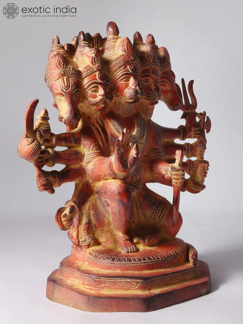11" Sinduri Color Sitting Ten Armed Panchmukhi Lord Hanuman Brass Sculpture