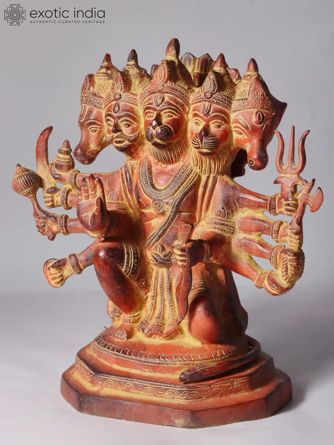 11" Sinduri Color Sitting Ten Armed Panchmukhi Lord Hanuman Brass Sculpture