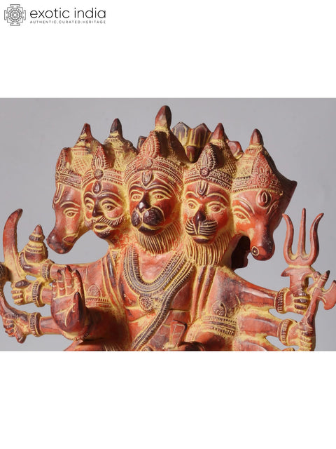 11" Sinduri Color Sitting Ten Armed Panchmukhi Lord Hanuman Brass Sculpture