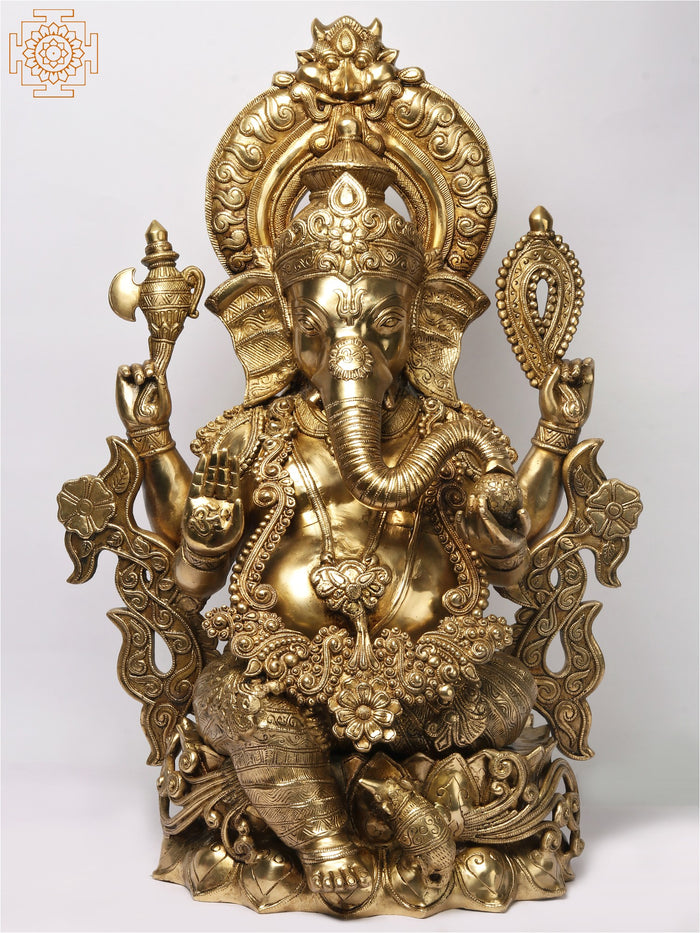 30'' Large Alluring Ornamented Ganesha Seated On Lotus | Brass Statue