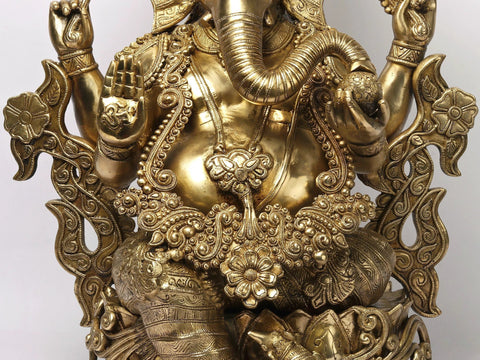 30'' Large Alluring Ornamented Ganesha Seated On Lotus | Brass Statue