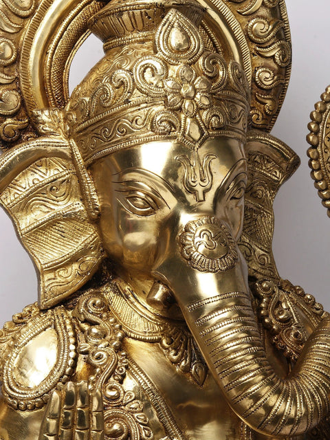 30'' Large Alluring Ornamented Ganesha Seated On Lotus | Brass Statue