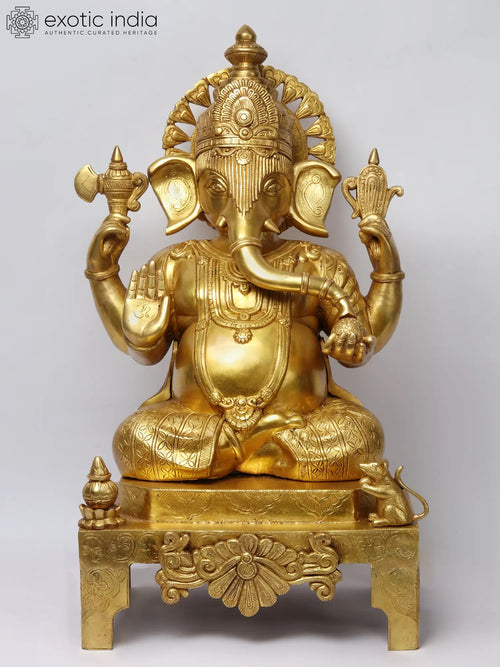27" Four-Armed Ganesha on Chowki Brass Statue for Pooja