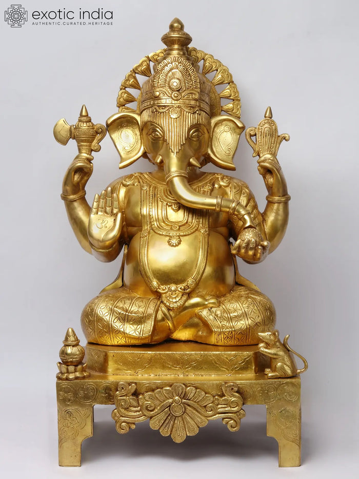 27" Four-Armed Ganesha on Chowki Brass Statue for Pooja