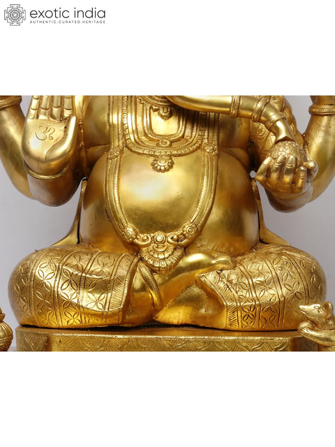 27'' Four-Handed Ganesha On Chowki | Brass Statue