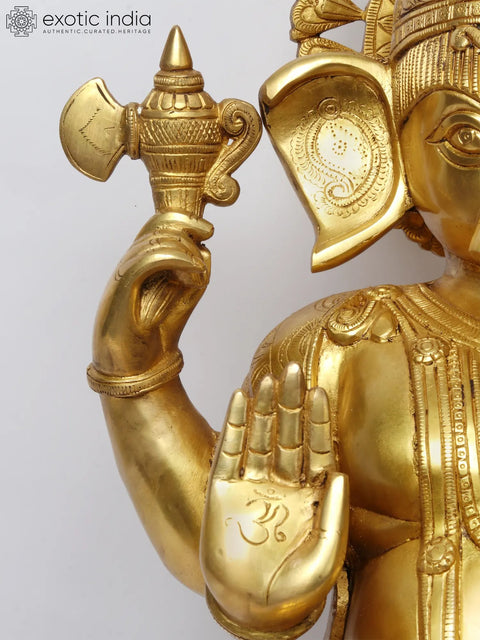 27'' Four-Handed Ganesha On Chowki | Brass Statue