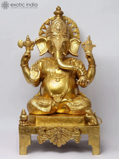 27'' Four-Handed Ganesha On Chowki | Brass Statue