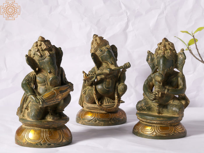 8" Green and Gold Musical Ganesha Brass Statue Set of Three