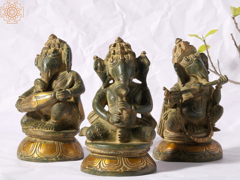 8" Green and Gold Musical Ganeshas in Brass (Set of Three)