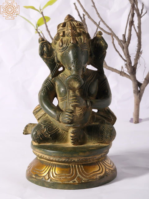 8" Green and Gold Musical Ganeshas in Brass (Set of Three)