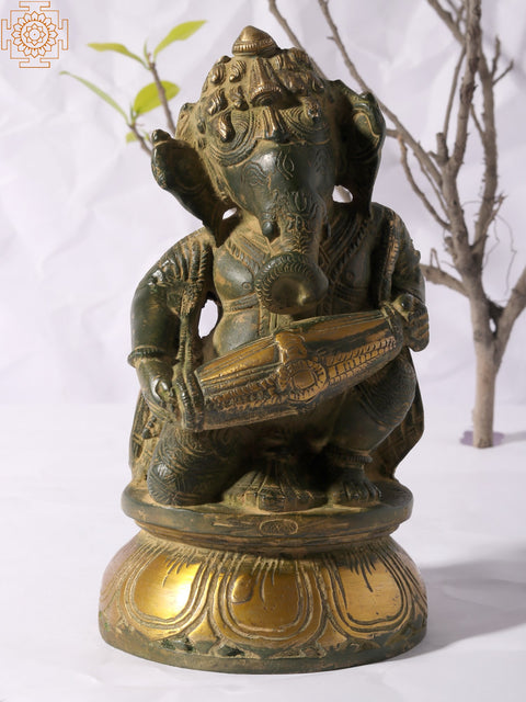8" Green and Gold Musical Ganeshas in Brass (Set of Three)