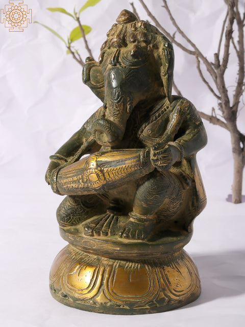 8" Green and Gold Musical Ganeshas in Brass (Set of Three)