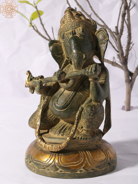 8" Green and Gold Musical Ganeshas in Brass (Set of Three)