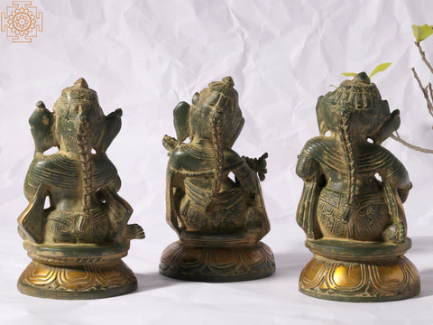 8" Green and Gold Musical Ganeshas in Brass (Set of Three)