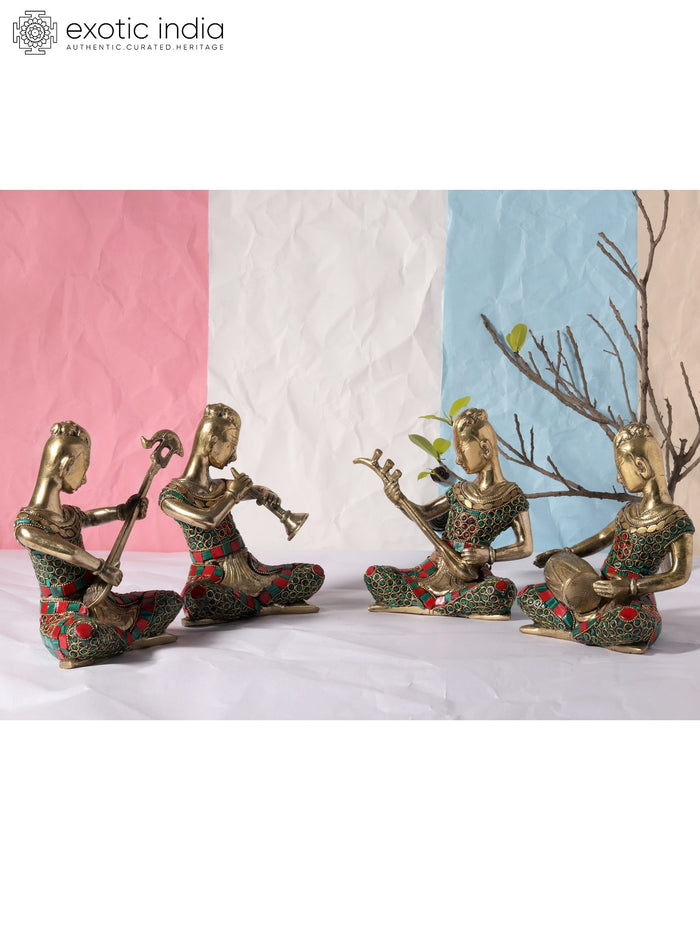 6" Brass Musicians Statue Set with Inlay Work Handmade