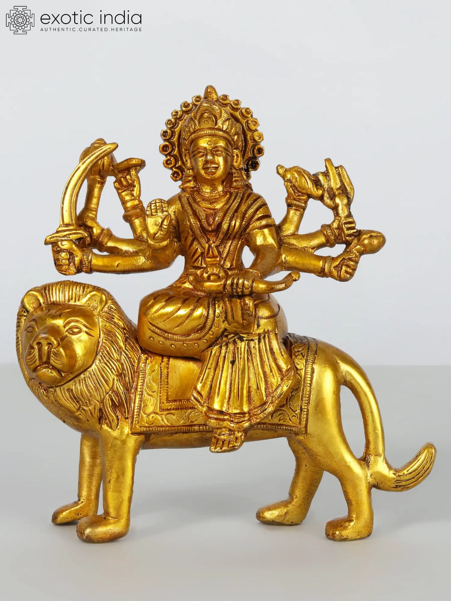 5" Eight Armed Goddess Durga Brass Idol on Lion Throne