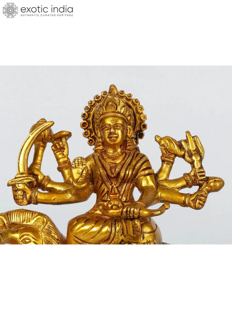 5" Small Eight Armed Goddess Durga Brass Idol Seated on Lion