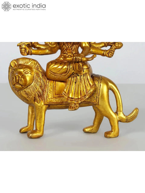 5" Small Eight Armed Goddess Durga Brass Idol Seated on Lion
