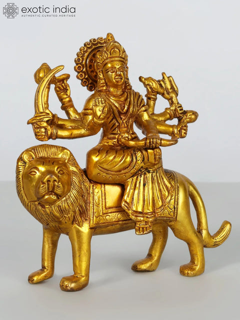 5" Small Eight Armed Goddess Durga Brass Idol Seated on Lion