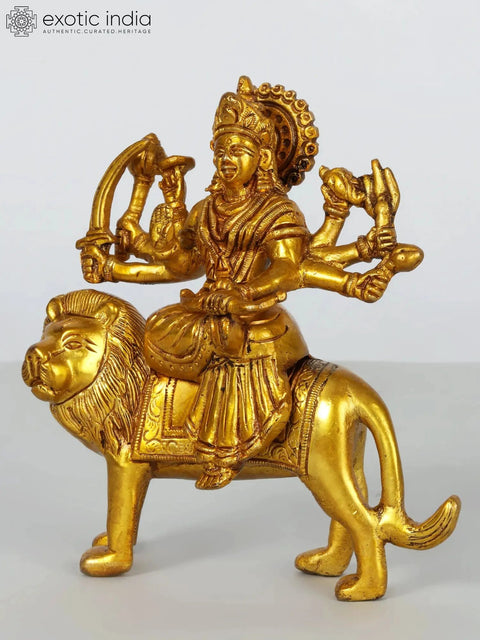 5" Small Eight Armed Goddess Durga Brass Idol Seated on Lion