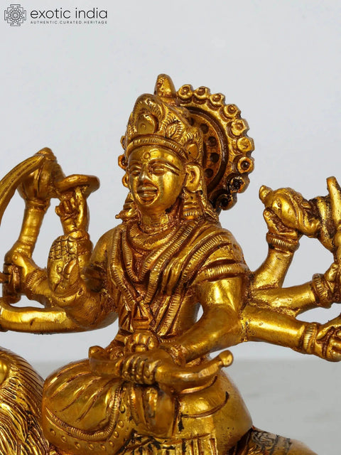 5" Small Eight Armed Goddess Durga Brass Idol Seated on Lion
