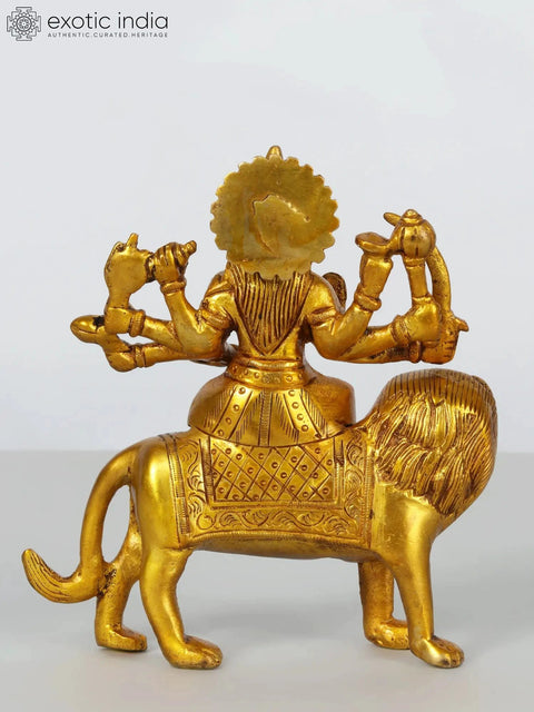5" Small Eight Armed Goddess Durga Brass Idol Seated on Lion