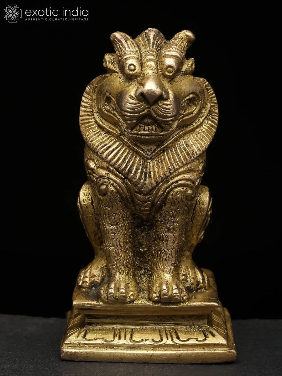 3" Sitting Lion Yali Brass Statue Handmade