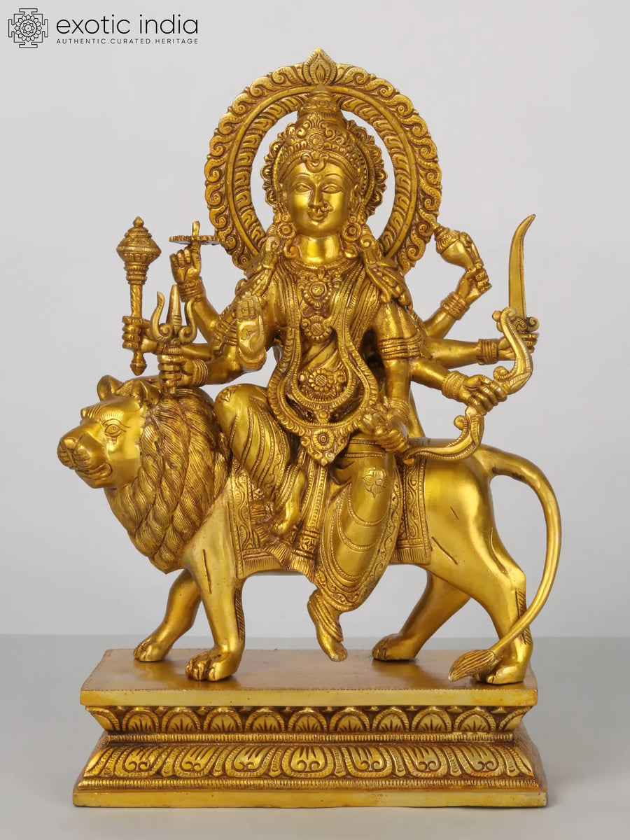 17" Brass Durga Idol with Eight Hands on Lion Statue