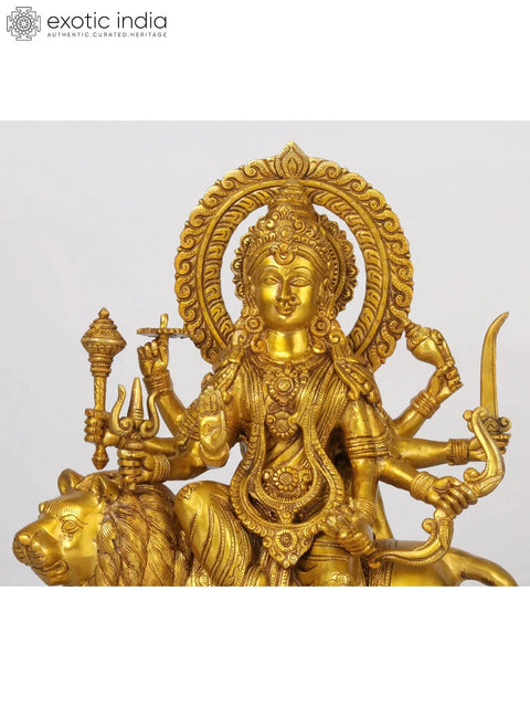 17'' Brass Eight-Handed Goddess Durga Idol Seated on Lion