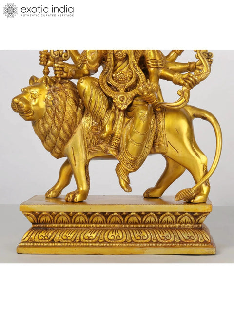 17'' Brass Eight-Handed Goddess Durga Idol Seated on Lion