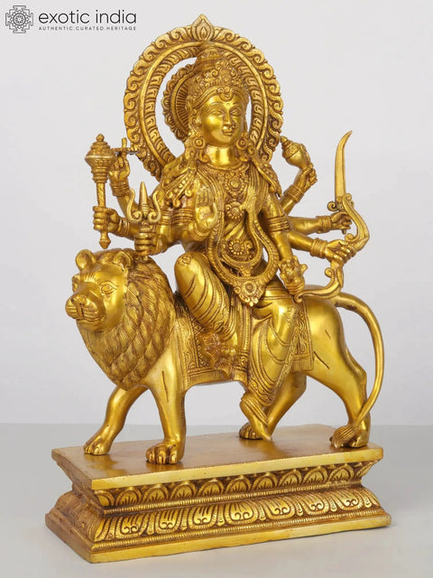 17'' Brass Eight-Handed Goddess Durga Idol Seated on Lion