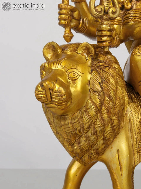 17'' Brass Eight-Handed Goddess Durga Idol Seated on Lion
