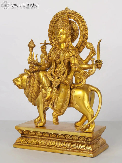 17'' Brass Eight-Handed Goddess Durga Idol Seated on Lion