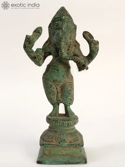 5" Green Patina Chaturbhuja Ganesha Brass Statue for Pooja