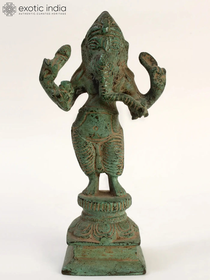 5" Green Patina Chaturbhuja Ganesha Brass Statue for Pooja