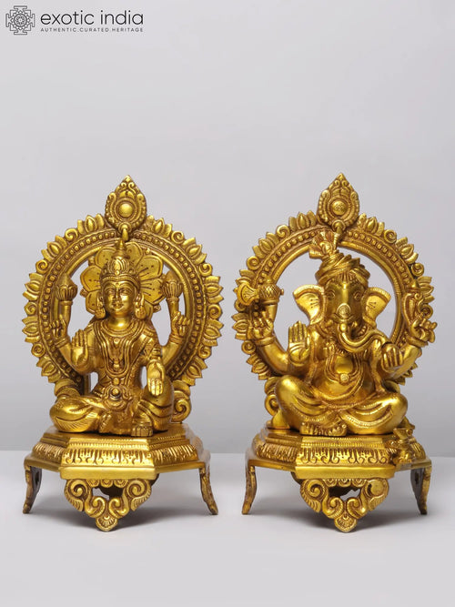 11" Brass Ganesha and Lakshmi Seated Idol Set for Pooja