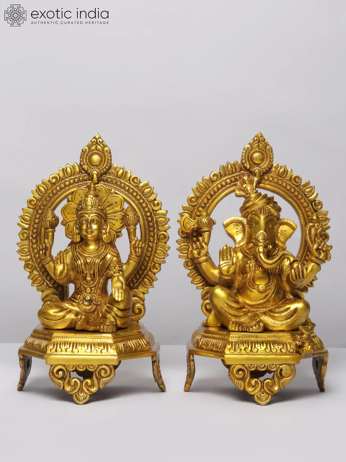 11" Brass Ganesha and Lakshmi Seated Idol Set for Pooja
