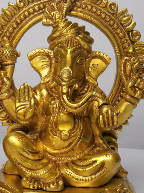 11" Brass Pair of Ganesha - Lakshmi Seated on Throne