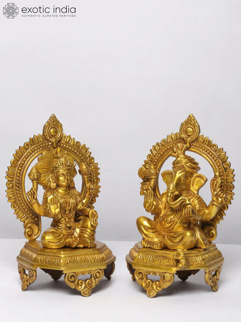 11" Brass Pair of Ganesha - Lakshmi Seated on Throne